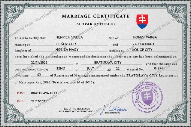 Slovakia marriage certificate PSD template